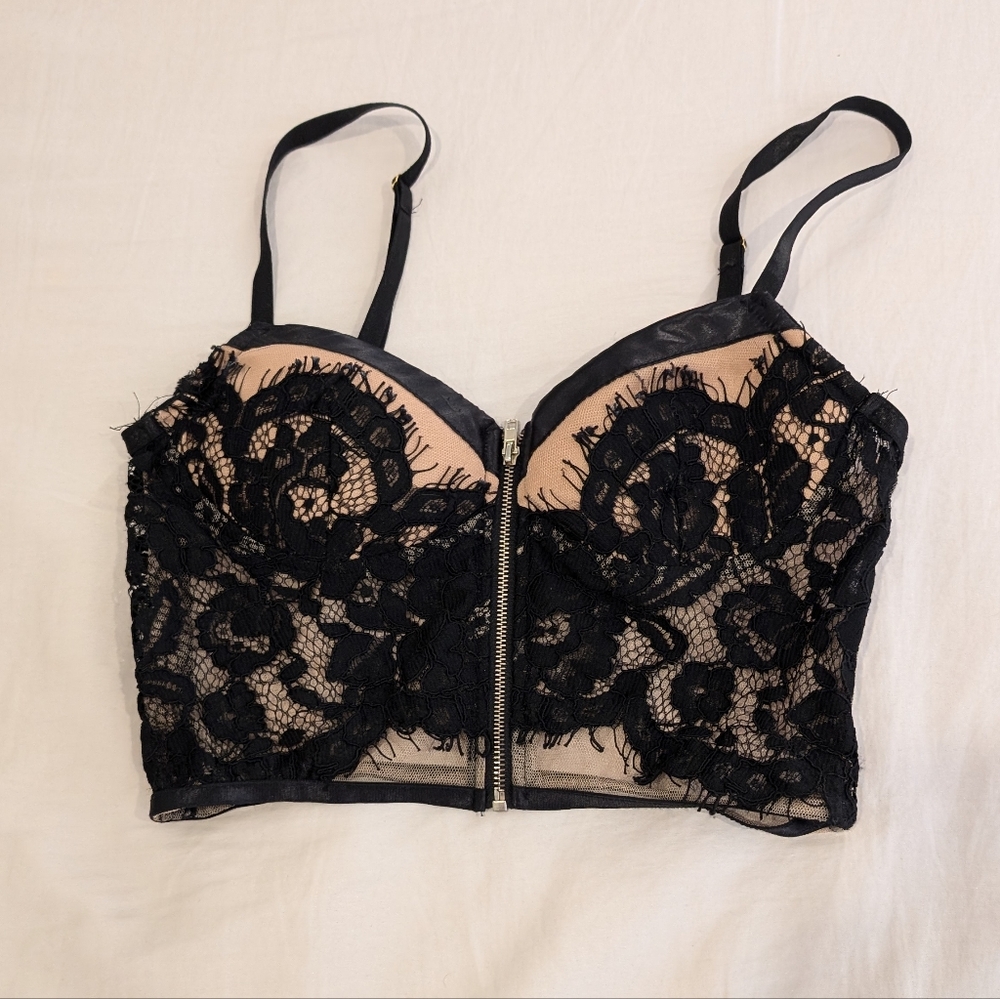 Front zippered lace and mesh vintage style bra